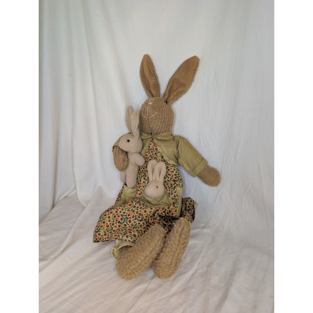 Vintage Long Eared Bunny In Sunflower Dress‎ With Two Bunnies Easter Home Decor